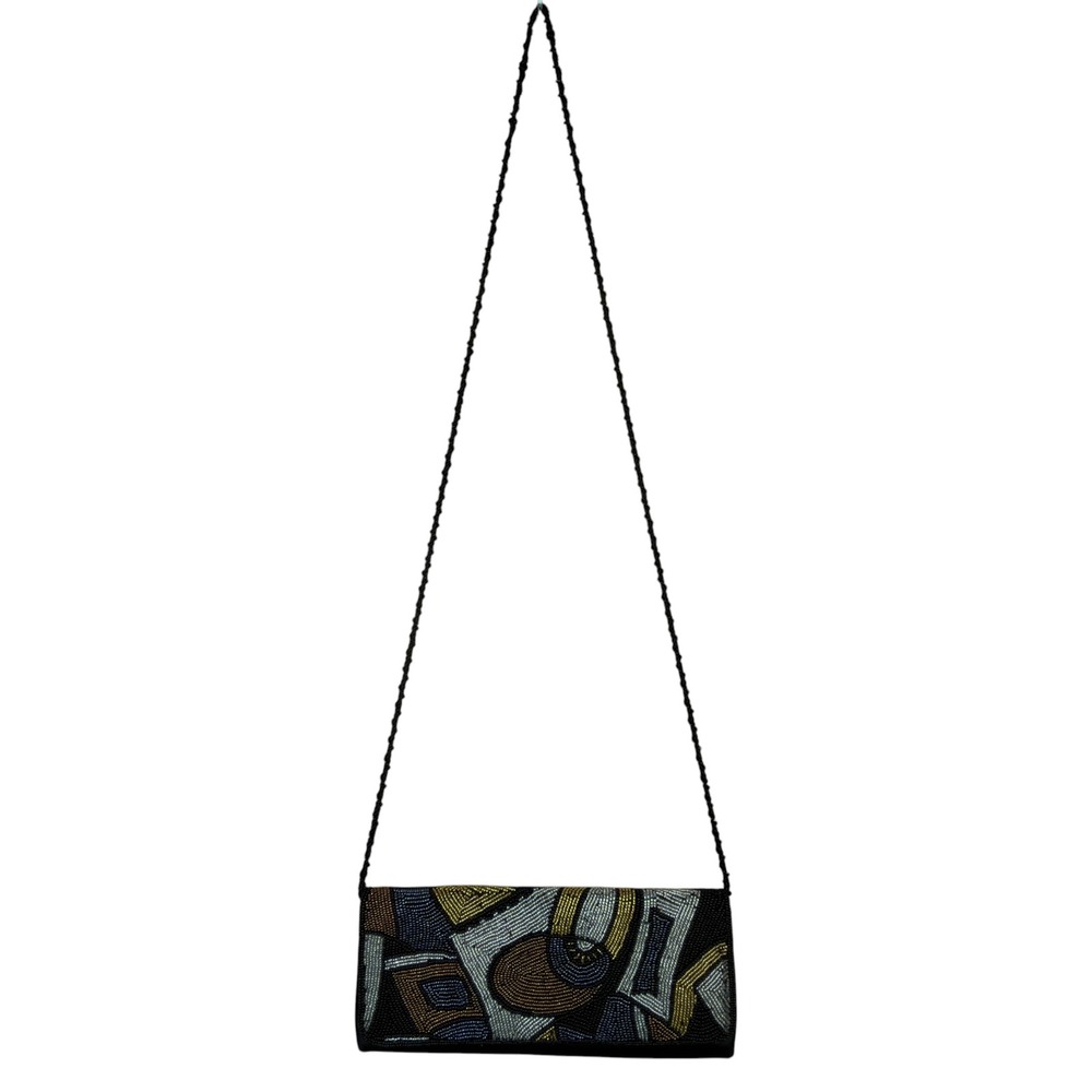 Vintage Beaded Clutch Shoulder/Croisbody Bag Black Satin Geometric Abstract